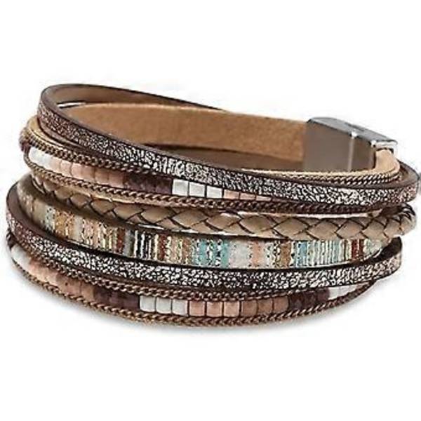 Läderarmband för kvinnor, Boho Leopard Flera Lager Kristallpärlor Manschettarmband Smycken