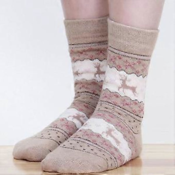 Damsockor i nordisk Fair Isle-mönster med julmotiv, älg, bomull, festliga strumpor (1 par khaki)