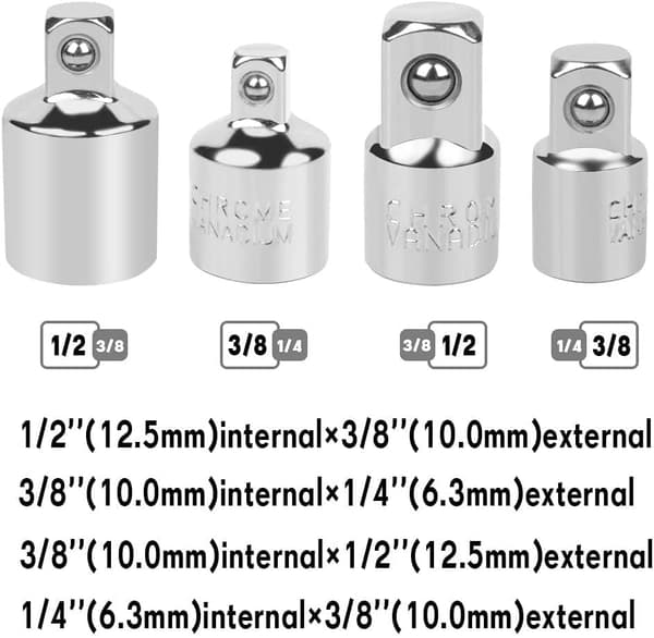 4 stk. Ratsjekonvertering Adapter Ratsjekonvertering Adapter 1/2 til 3/8-3/8 til 1/2-1/4 til 3/8-3/8 til 1/4 Sokkel