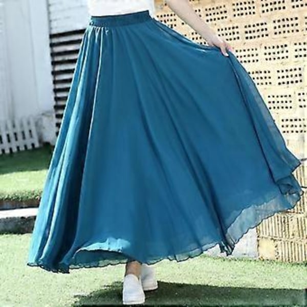 Forårs Nederdel Lagdelt Chiffon Lange Nederdele Til Kvinder Elegant Casual Høj Talje Boho Strand Maxi Nederdele Saias Femme(M blå)