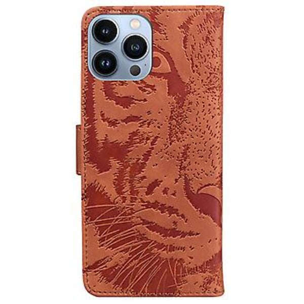 Tigerpräglad Läderfodral för iPhone 14 Pro Max (Brun)