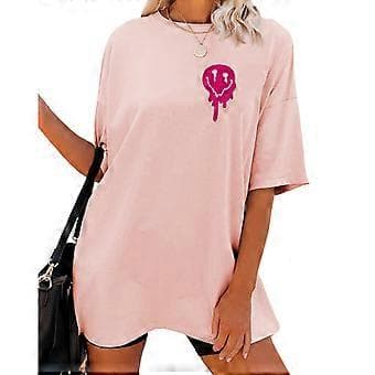 Dame Bogstav Grafik Print Tee Top Oversized Drop Shoulder Kortærmet T-shirt Pullover Bluse Casual Løs Pullover Pink L(L Pink)