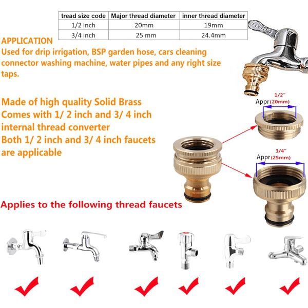 2 i 1 mässingskranadapter för trädgårdsslang 1/2\" till 3/4\"