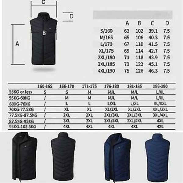 Sähköinen Lämmittävä Takki USB Lämmitin Kehonlämmitin Naisille Miehille Kuuma (2XL Tummansininen)