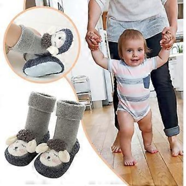 Strumpor Småbarn Ballerinaskor Nyfödd Spädbarn Baby Pojke Flickor Småbarn Plysch 1 Par Mjuka Halkfria Inomhus Djur Toffelskor Nya (S Grå)