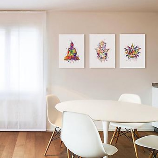 Wekity Buddha, Lotus og Mudra Væghængt Canvas Print Poster, Enkel Mode Akvarel Kunsttegning Dekoration til Hjemmet Stue Soveværelse Kontor (Sæt af 3