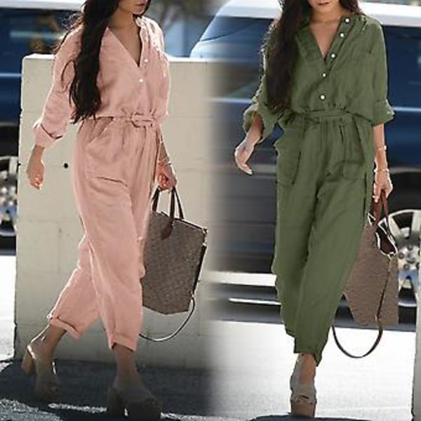 V-hals Jumpsuit med Knapper og Bælte til Kvinder - Casual 3/4 Ærme Solid Farve Cargo Jumpsuit Dame Outfit (S Sort)