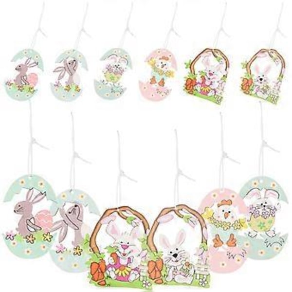 12 st Påskkyckling Trä Hängande Ornament Ägg Kanin Hängande Ornament Kyckling Hängande