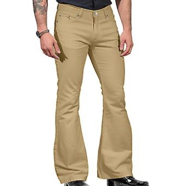 Vintage Jeansbyxor Solid Färg Stretch Slim Fit Mid-Rise Bell Bottom Byxor Trendiga Herrar Flared Byxor (XL Khaki)