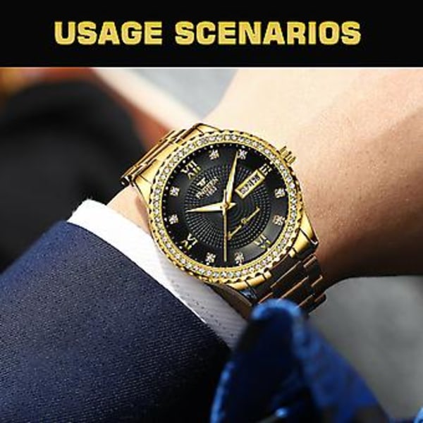 Vandtæt Guld Herre Quartz Ur Klassisk Rustfrit Stål Analog Business Mode (Sort)