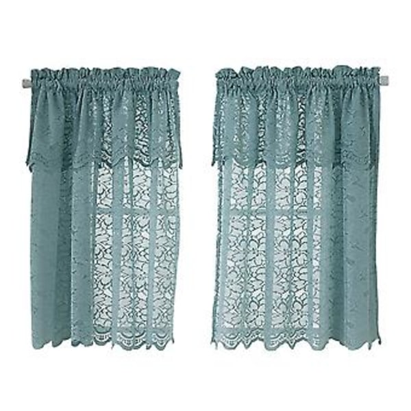 Elegant kort spetsgardin i enfärgad blått för kök och badrum (130 x 41 cm)
