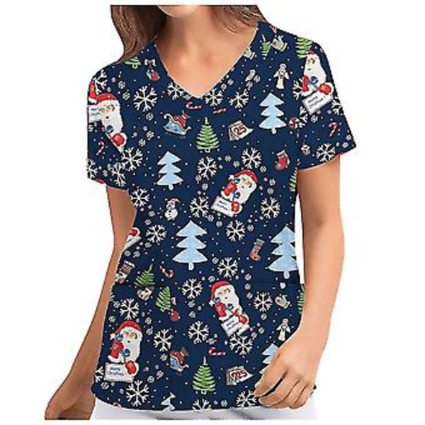 Julskjorta för kvinnor, sjuksköterskeuniform, kortärmad, V-ringad, julblus, topp (XL Blå)