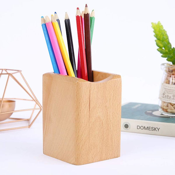 Træ Pen Box Multi-Use Skrivebordsarrangør Eco Naturligt Træ Stora