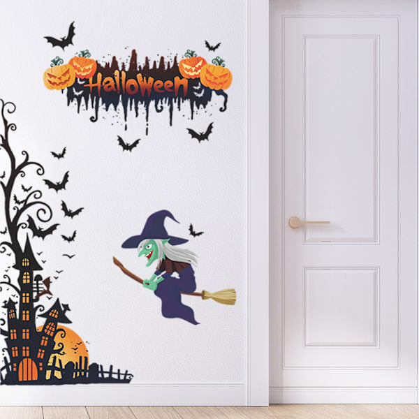 Halloween-seinätarrat Kotiin - Lepakot, Muinainen Linna, Kurpitsa, Noita, Sali