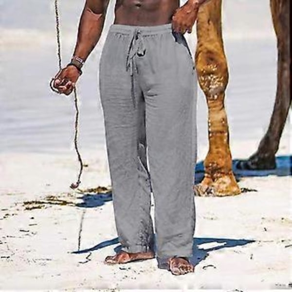 Pustende sommerbukser i lin for menn, lett yoga strand bomulls lin ensfargede bukser løse fritidsbukser (XXXL khaki)