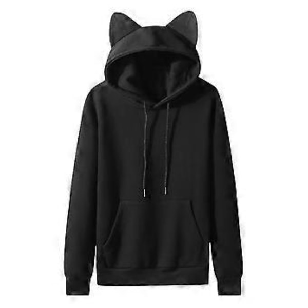Herre Casual Ensfarget Pullover Hettegenser med Katteører, Fleece og Lomme (XXL Svart)