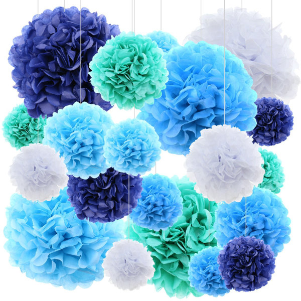 18 pieces of blue, silk paper tassels, paper flower balls for bir