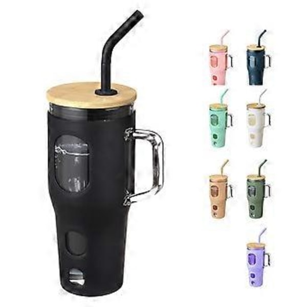 946 ml Iskaffekopp med Handtag, Två Sugrör - Boba-sugrör & Dricksugrör Passar i Mugghållare (Mörkblå)