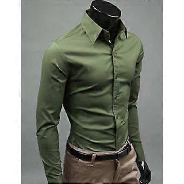 Langermet businesskjorte for menn, ensfarget, formell, fritidskjorte (L Army Green)