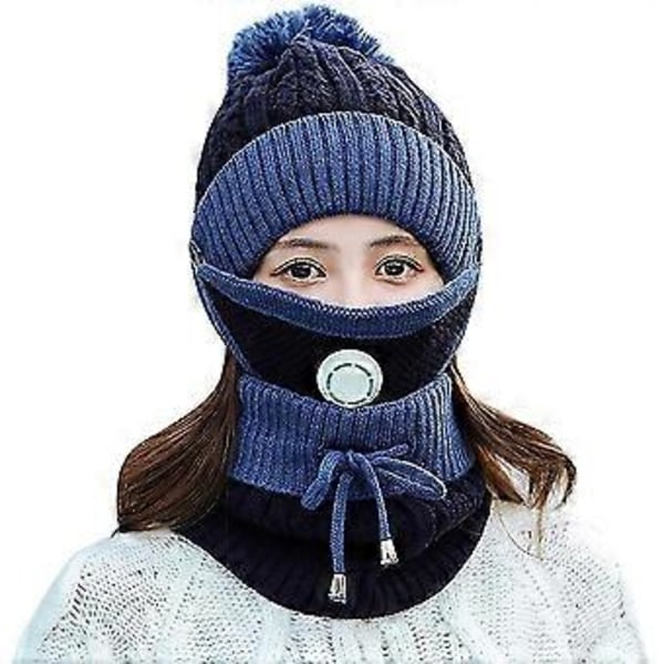 Vinter Strik Hue Dame Varm Ski Hue Tyk Pompon Fleece Hue Blå