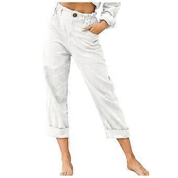 Linne Cropped Loose Fit Bomull Dam Capri Byxor Lediga Dam Crop Capris Elastisk Midja Sommar (M Vit)