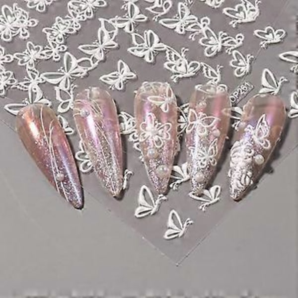 5D Vita Hjärta Nagelkonst Dekaler Valentinsdag Kärlek Präglad Nagel Dekaler Romantisk Fjäril Blommor Ihålig Hjärta Utsökt Glidande Nagel Dekoration Manikyr
