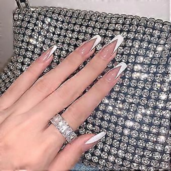 24 stk Hvide V Franske Trapezformede Super Lange Falske Negle Aftagelige Gaze Manicure Patch