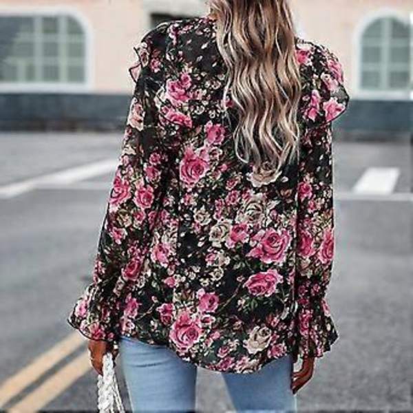 Dam Höst Puff Långärmad T-shirts Rundhalsad Toppar Bohemisk Blommig Tryck Blusar Skjortor Smockade Manschetter Tunikor Toppar Vit XL(XL Vit)