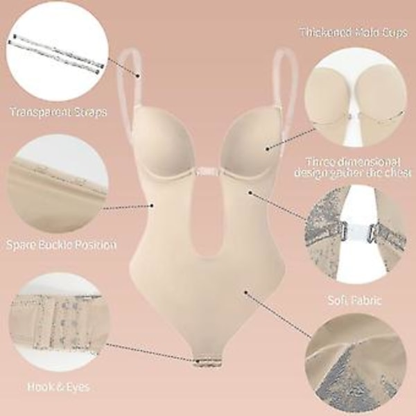 Kvinners dyp V-hals Body Shaper Strapless Ryggløs Body Shapewear (L Beige)