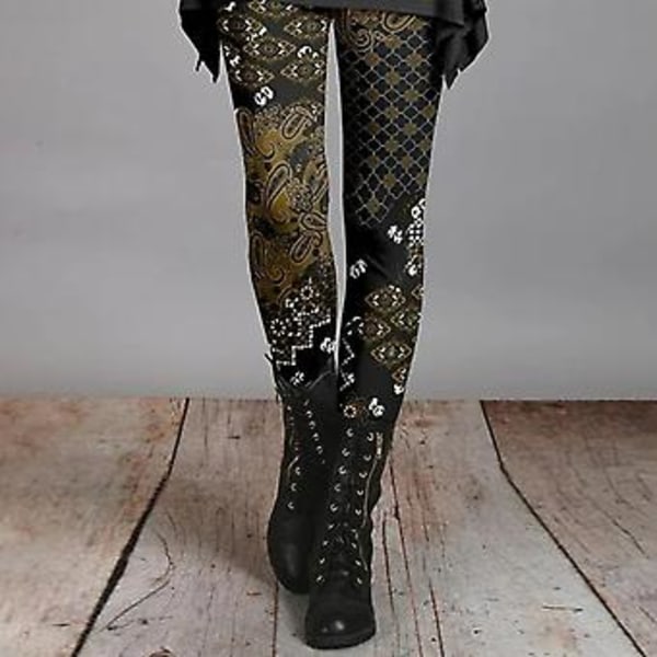 Naisten kapea housut syksy-talvi vintage etninen tyyli kukka printti super venyvä slim fit korkea vyötärö pitkät leggingsit housut naisten vaatteet (S Khaki)