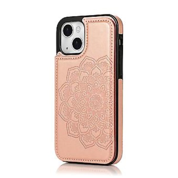 Fodral för iPhone 14 Plus med Kortfack i PU-Läder, Datura Blommönster (Roséguld)