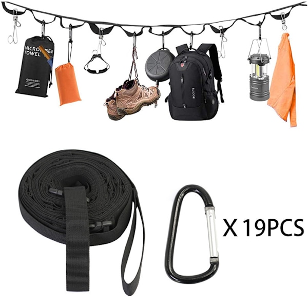 Camping Oppbevaringsstropp, Utendørs Klesvaskesnor med 19 Sydd Looper, Te