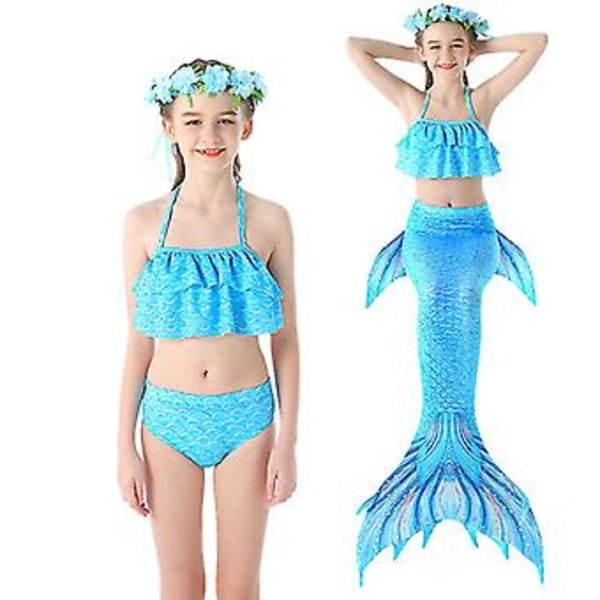 3 kpl Tyttöjen Uimapuvut Merenneito Uimiseen Merenneitoasu (130 cm Sininen)