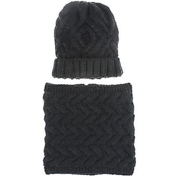 Hætte + Halstørklæde Sæt til Kvinder Vinter Chunky Strikket Beanie Cap Halsvarmer Sæt (Sort)