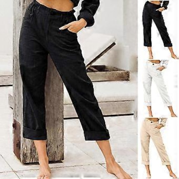 Linne Croppade Lös Passform Bomull Dam Capri Byxor Casual Kvinnor Crop Capris Elastisk Midja Sommar (XL Vit)