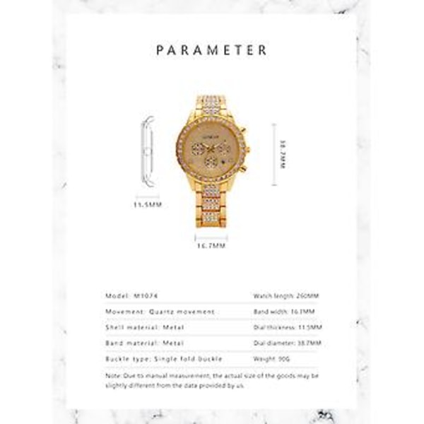 Vandtæt Dame Luksus Klassisk Rustfrit Stål Krystal Quartz Rundt Armbåndsur (Guld)