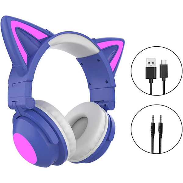 Søte kattetrådløse hodetelefoner, LED-belyst spillhodesett Bluetooth 5.0-modus Over Ear Low Noise Heads