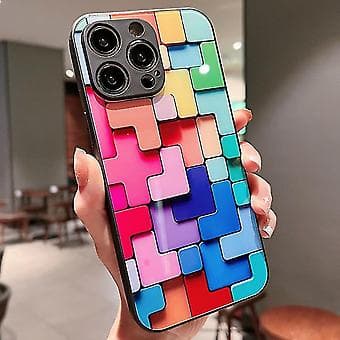 Färgglada leksaksbyggstenar mönster stötsäkert glasfodral för Iphone 14 Plus (Svart)