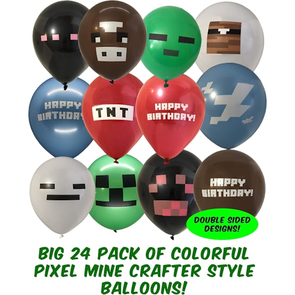 24-pack Pixel Miner Craft Style Gamer Party Ballonger - Stora