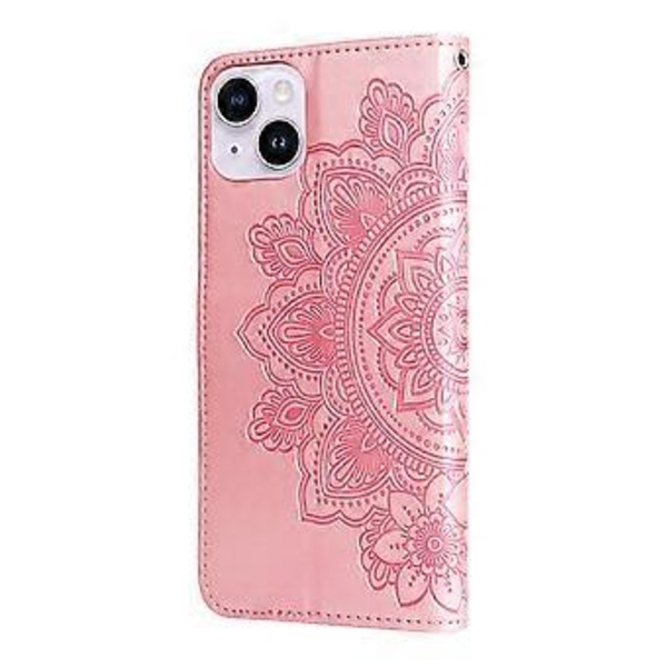 Läderfodral med 7-bladiga blommor för iPhone 15 Plus (Roséguld)