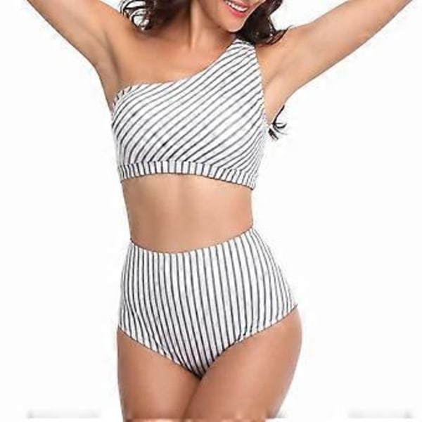 Dame En Skulder Badedrakt Tankini Høy Taljet Bikini Sett 2 Deler Push Up Badebekledning - Stripe