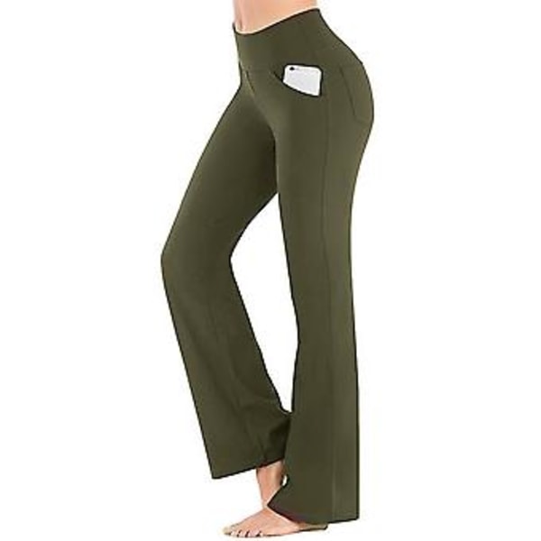 Damernas Högmidjade Flared Byxor Bell Bottom Yogabyxor Med Fickor Plus Size (M Grön)