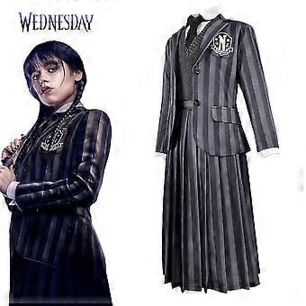 Wednesday Addams -asusetti, Akatemian koulupuku, Aikuiset Naiset Cosplay-puolue Raidalainen mekko/Peruukit Hieno pukeutuminen Cosplay-rekvisiitat (XL ilman peruukkia)