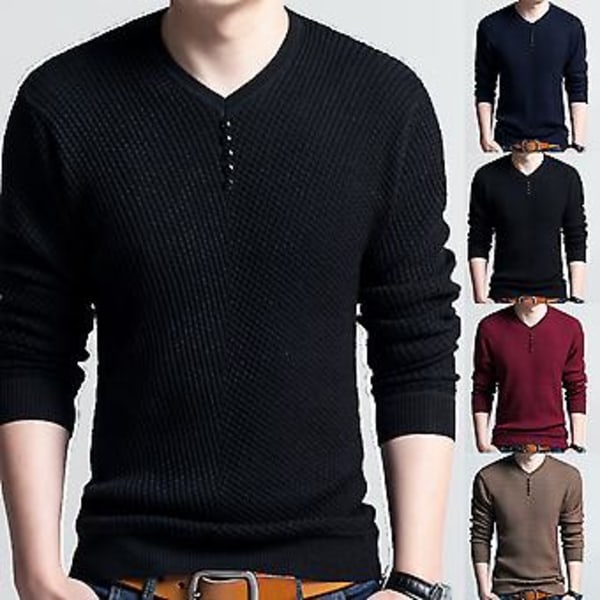 Fianao Chic Mænds Ensfarvet V-hals Langærmet Trøje Slim Fit Strikket Trøje Bluse (M Blå)