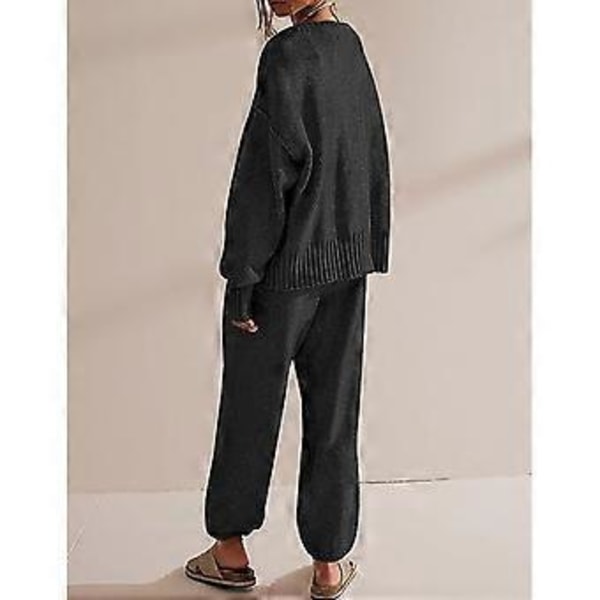 Dam 2-delat Stickat Set V-ringad Långärmad Tröja Kofta Jackor Toppar Vida Ben Byxor Träningsdräkt Set Loungewear  Vinröd XL(XL Vinröd)