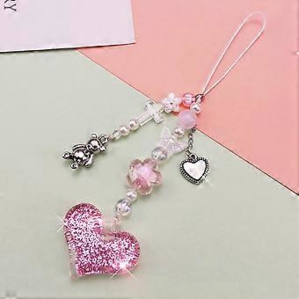 Tegneserie Bjørn Blomst Telefon Charm Stropper Bilnøgler Hængende Vedhæng Simpel Hjerte Perler Perlebesat Nøglering Taske Dekoration suit( suit)