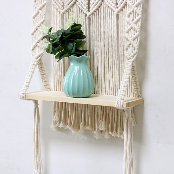 Veggmontert trevegg Macrame Bohemian Deco planter med dusk, håndvevd