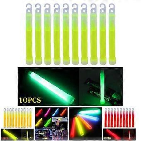10 stk. 6 tommer Glowsticks med krog, tykke flade bund lysende stave vandreture fest klubber forsyninger (Gul)