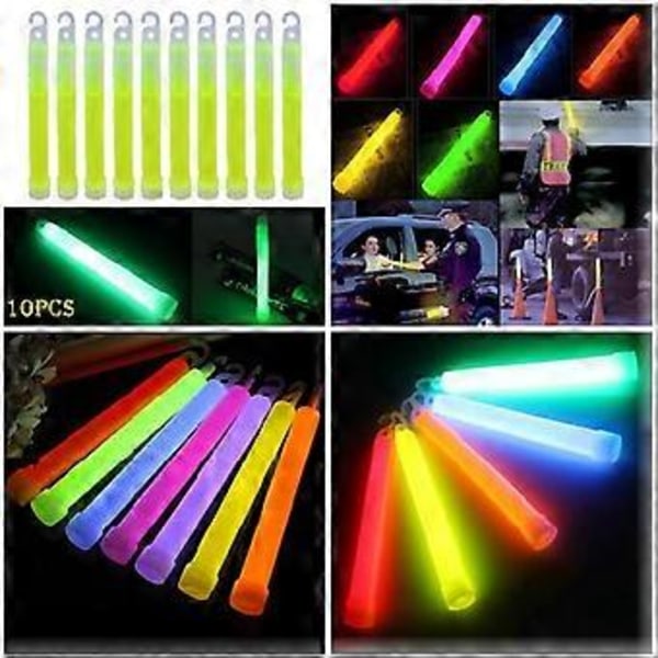 10 stk. 6 tommer Glowsticks med krog, tykke flade bund lysende stave vandreture fest klubber forsyninger (Gul)