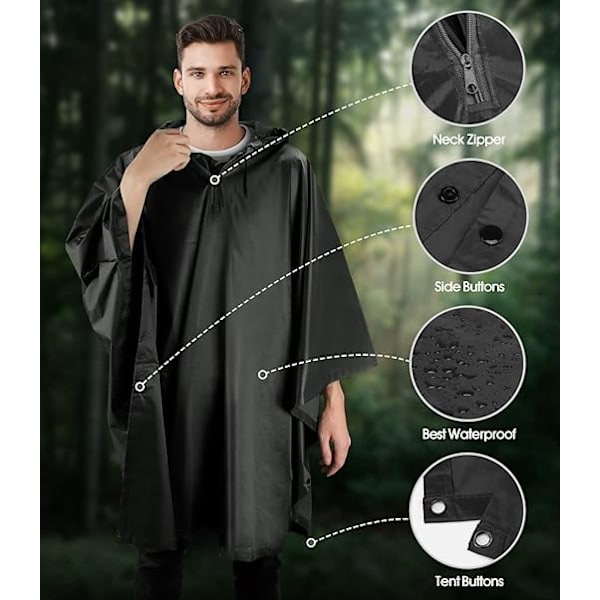 Musta, 140 * 200cm vedenpitävä poncho huppu, 3-in-1 sotilas monitoim